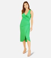 Mela Green Satin Sleeveless Ruched Midi Wrap Dress